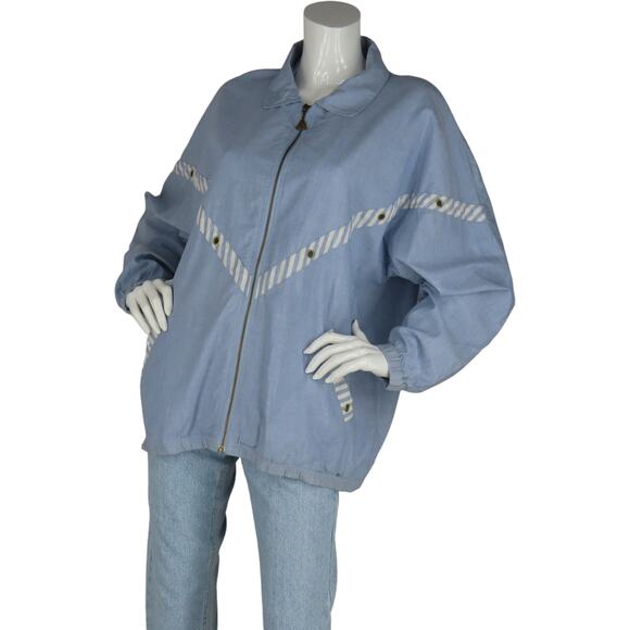 Vintage Euro Joy Blue Chambray Bomber Hipster Rock Grunge New Wave Mom Jacket - Picture 3 of 7